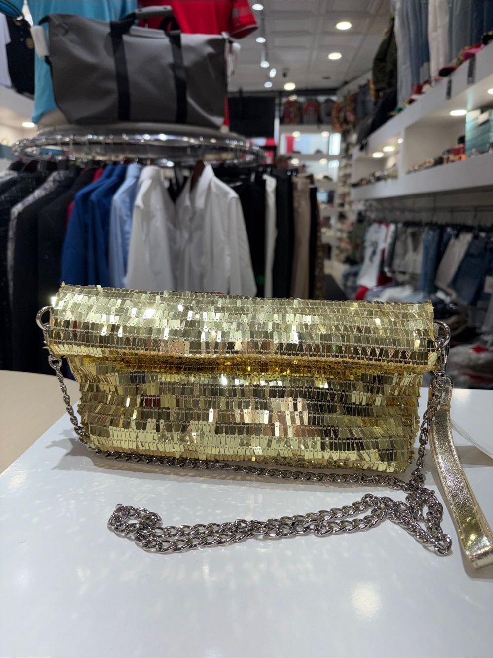 Gold Sequin Evening Clutch with Chain Strap